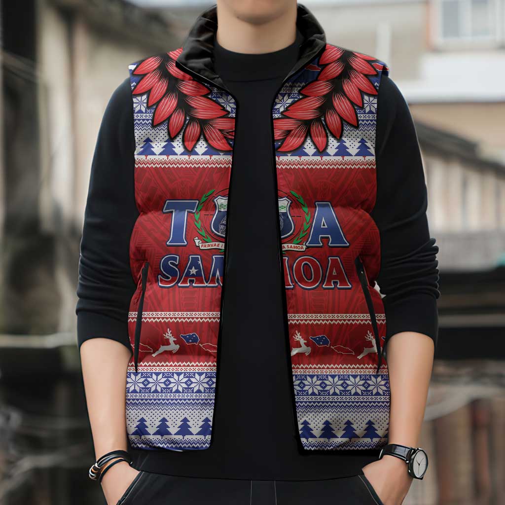 Personalised Toa Samoa Rugby Christmas Sleeveless Puffer Jacket Ula Fala Samoan Pattern Red - Polynesian Pride