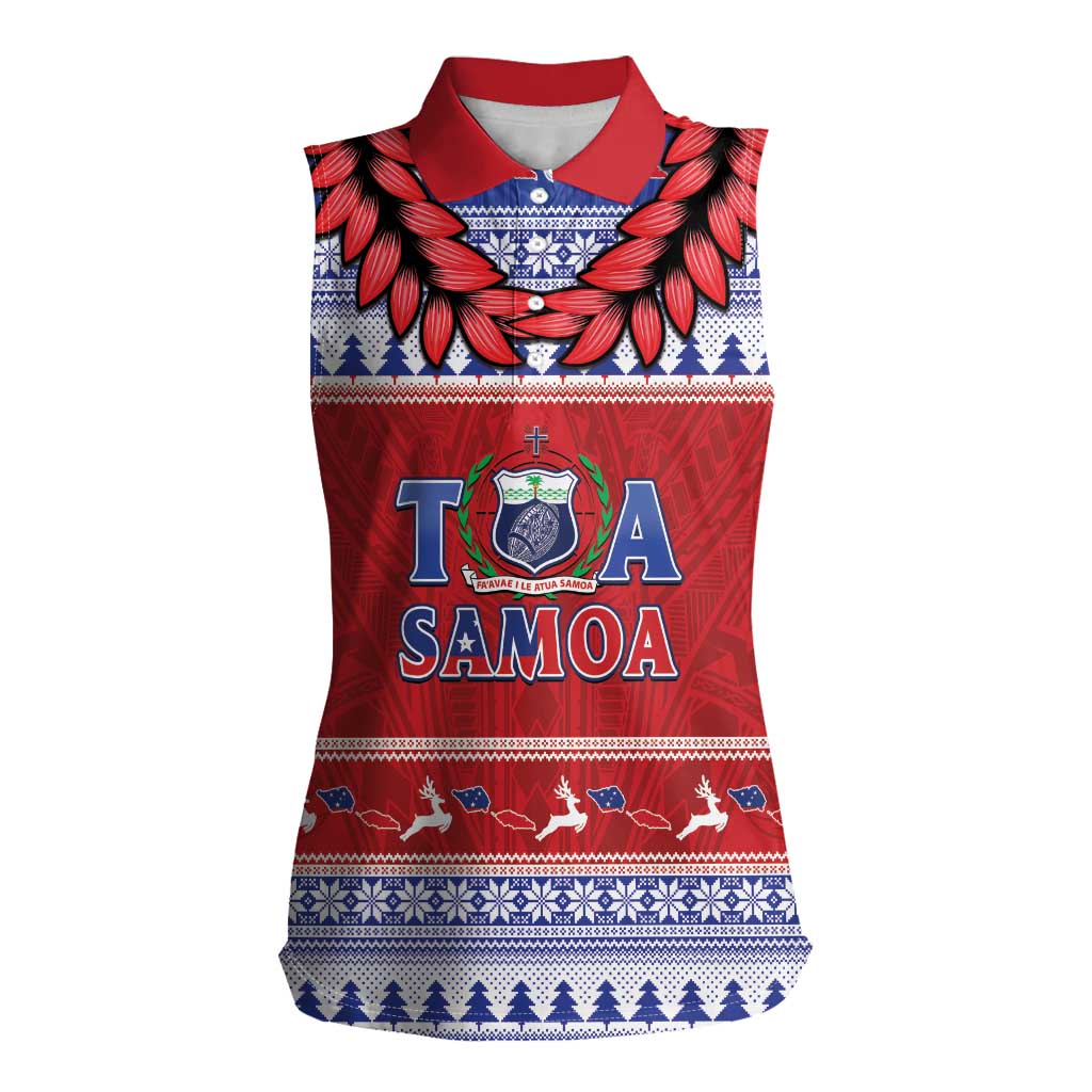 Personalised Toa Samoa Rugby Christmas Women Sleeveless Polo Shirt Ula Fala Samoan Pattern Red - Polynesian Pride