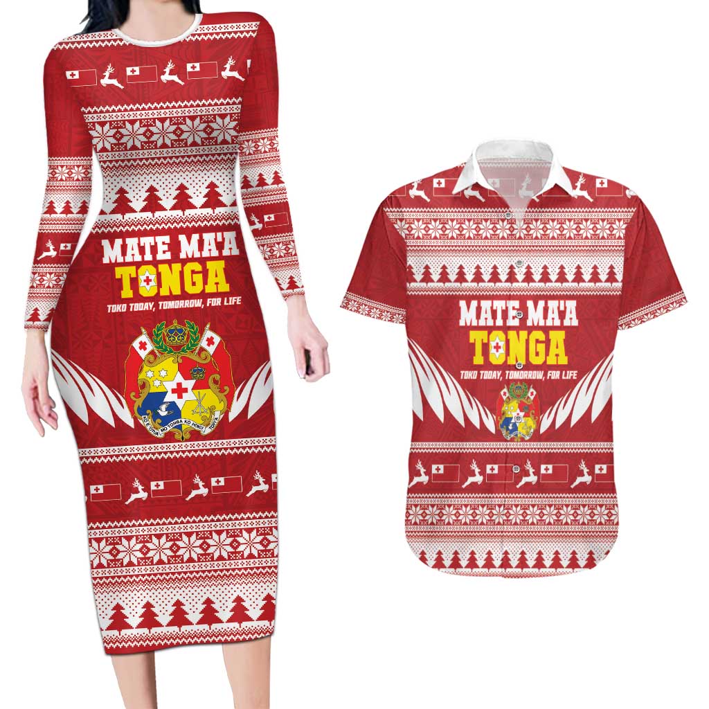 Personalised Tonga Rugby Christmas Couples Matching Long Sleeve Bodycon Dress and Hawaiian Shirt Mate Maa Tonga Ngatu Pattern - Polynesian Pride