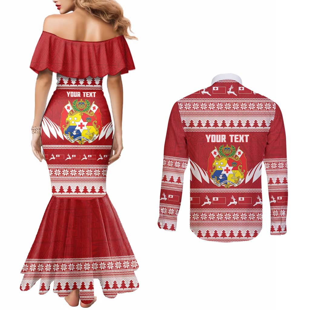 Personalised Tonga Rugby Christmas Couples Matching Mermaid Dress and Long Sleeve Button Shirt Mate Maa Tonga Ngatu Pattern - Polynesian Pride
