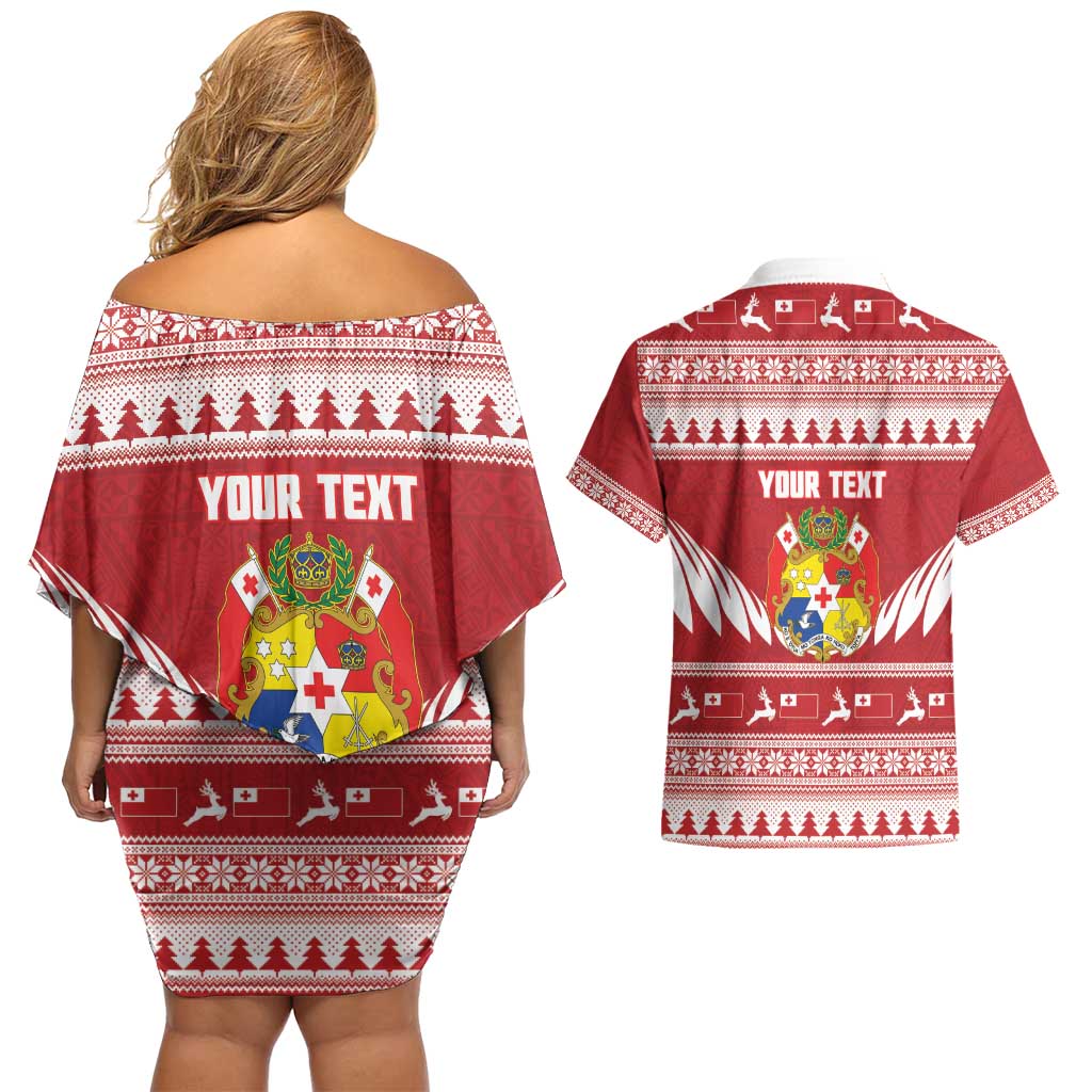 Personalised Tonga Rugby Christmas Couples Matching Off Shoulder Short Dress and Hawaiian Shirt Mate Maa Tonga Ngatu Pattern - Polynesian Pride