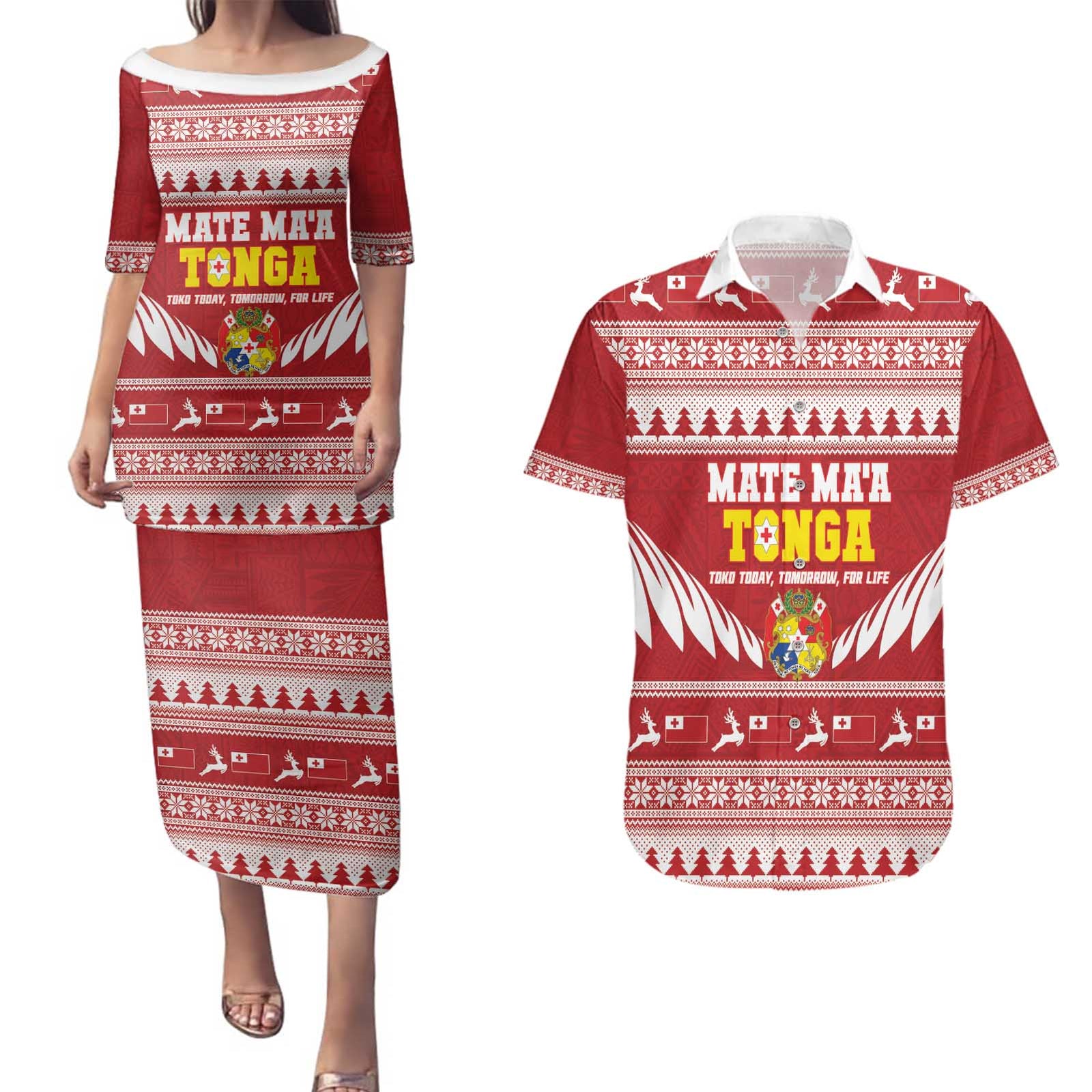 Personalised Tonga Rugby Christmas Couples Matching Puletasi and Hawaiian Shirt Mate Maa Tonga Ngatu Pattern - Polynesian Pride