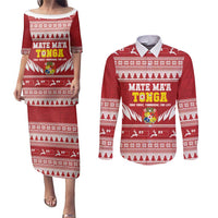 Personalised Tonga Rugby Christmas Couples Matching Puletasi and Long Sleeve Button Shirt Mate Maa Tonga Ngatu Pattern - Polynesian Pride