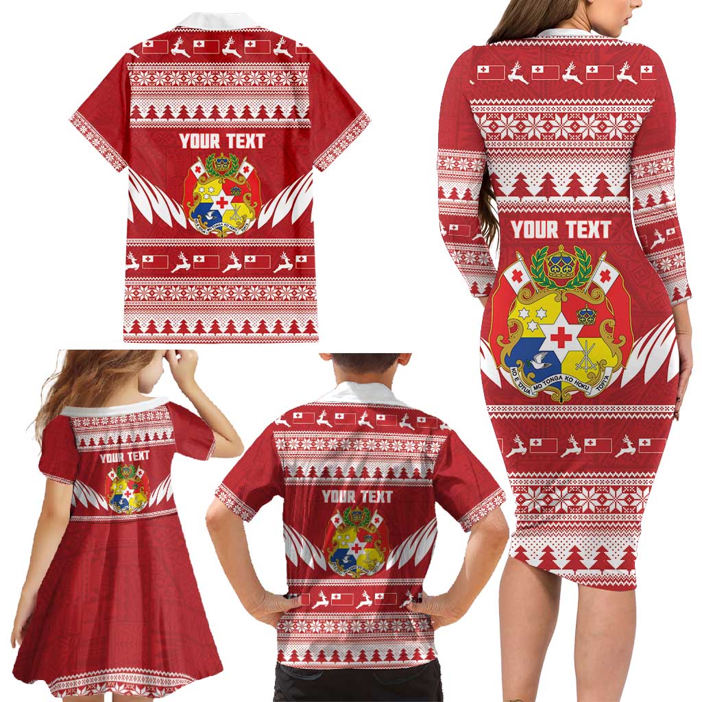Personalised Tonga Rugby Christmas Family Matching Long Sleeve Bodycon Dress and Hawaiian Shirt Mate Maa Tonga Ngatu Pattern - Polynesian Pride