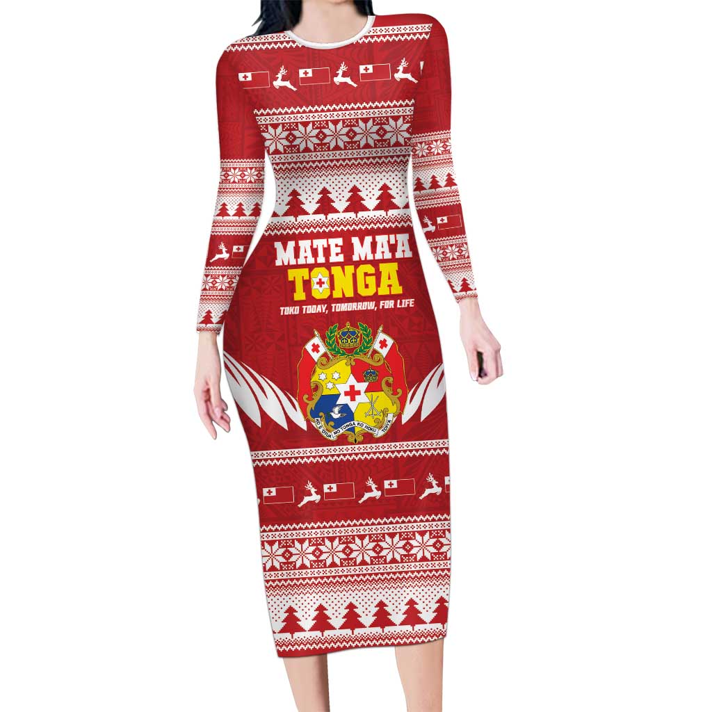 Personalised Tonga Rugby Christmas Family Matching Long Sleeve Bodycon Dress and Hawaiian Shirt Mate Maa Tonga Ngatu Pattern - Polynesian Pride