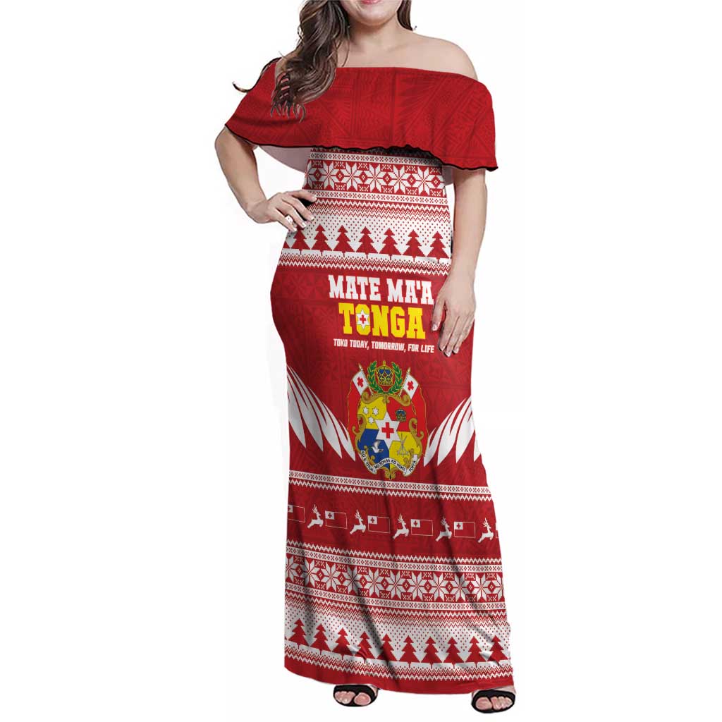 Personalised Tonga Rugby Christmas Family Matching Off Shoulder Maxi Dress and Hawaiian Shirt Mate Maa Tonga Ngatu Pattern - Polynesian Pride