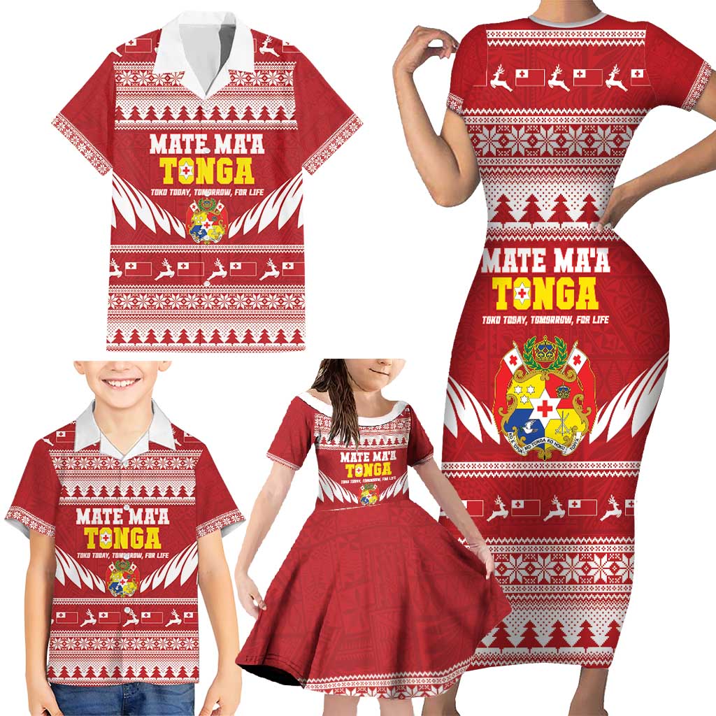 Personalised Tonga Rugby Christmas Family Matching Short Sleeve Bodycon Dress and Hawaiian Shirt Mate Maa Tonga Ngatu Pattern - Polynesian Pride