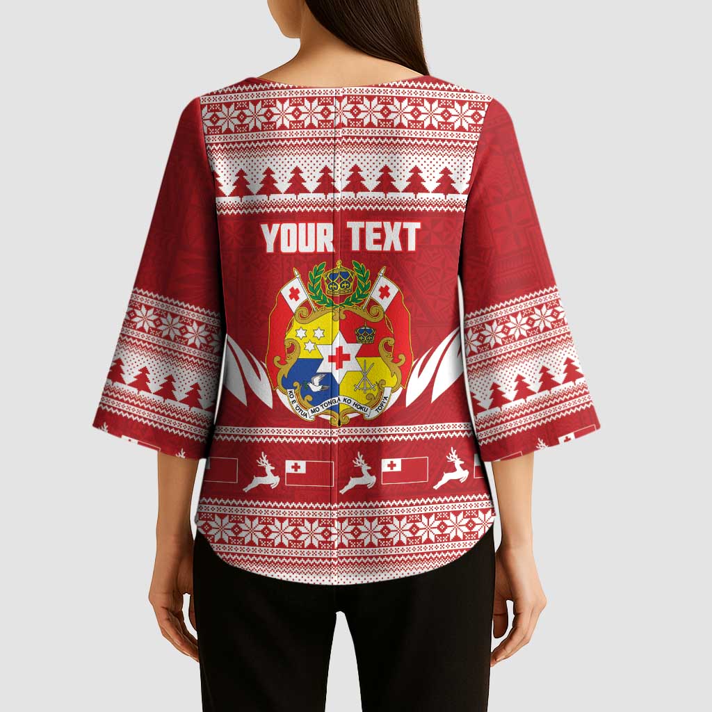 Personalised Tonga Rugby Christmas Kimono Sleeve Blouse Mate Maa Tonga Ngatu Pattern - Polynesian Pride