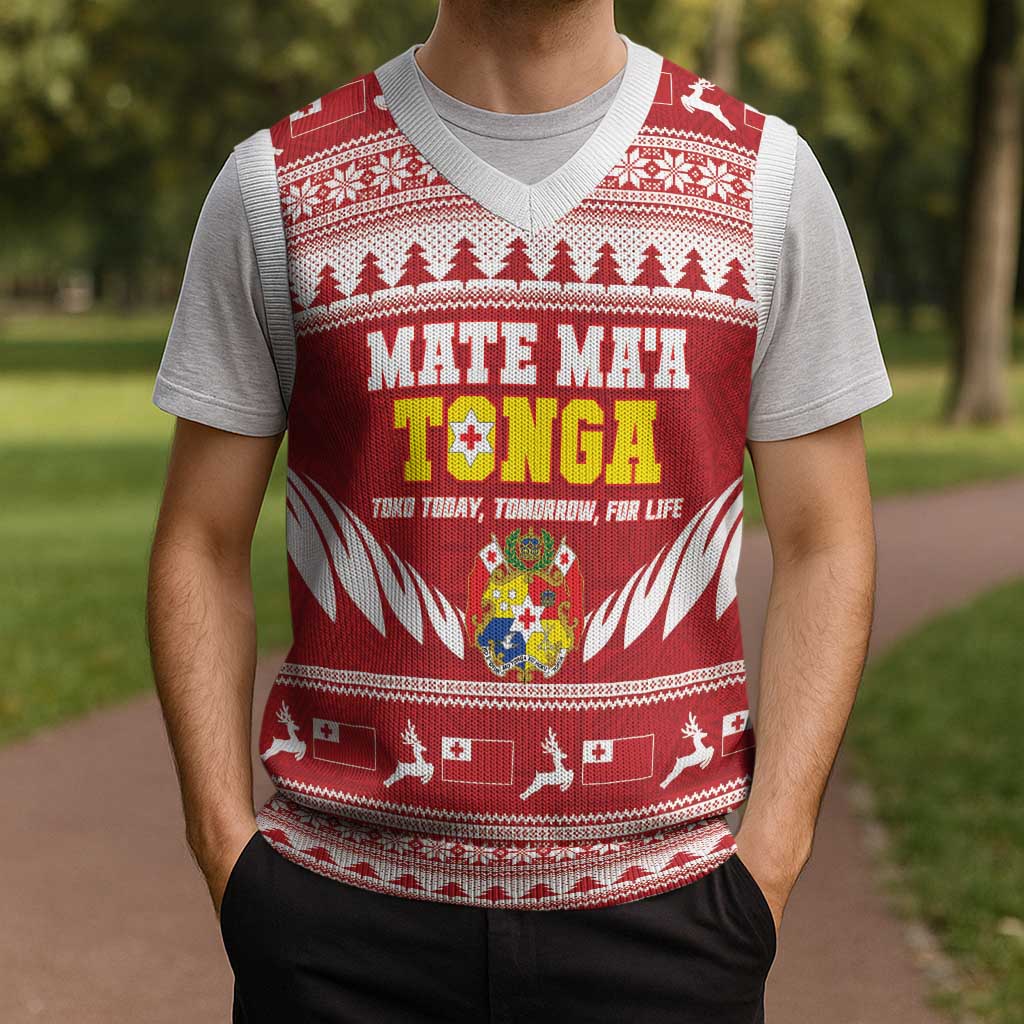 Personalised Tonga Rugby Christmas Knitted V-Neck Vest Mate Maa Tonga Ngatu Pattern - Polynesian Pride