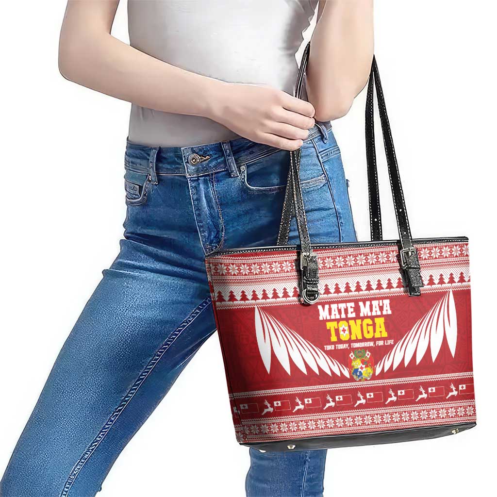 Tonga Rugby Christmas Leather Tote Bag Mate Maa Tonga Ngatu Pattern - Polynesian Pride