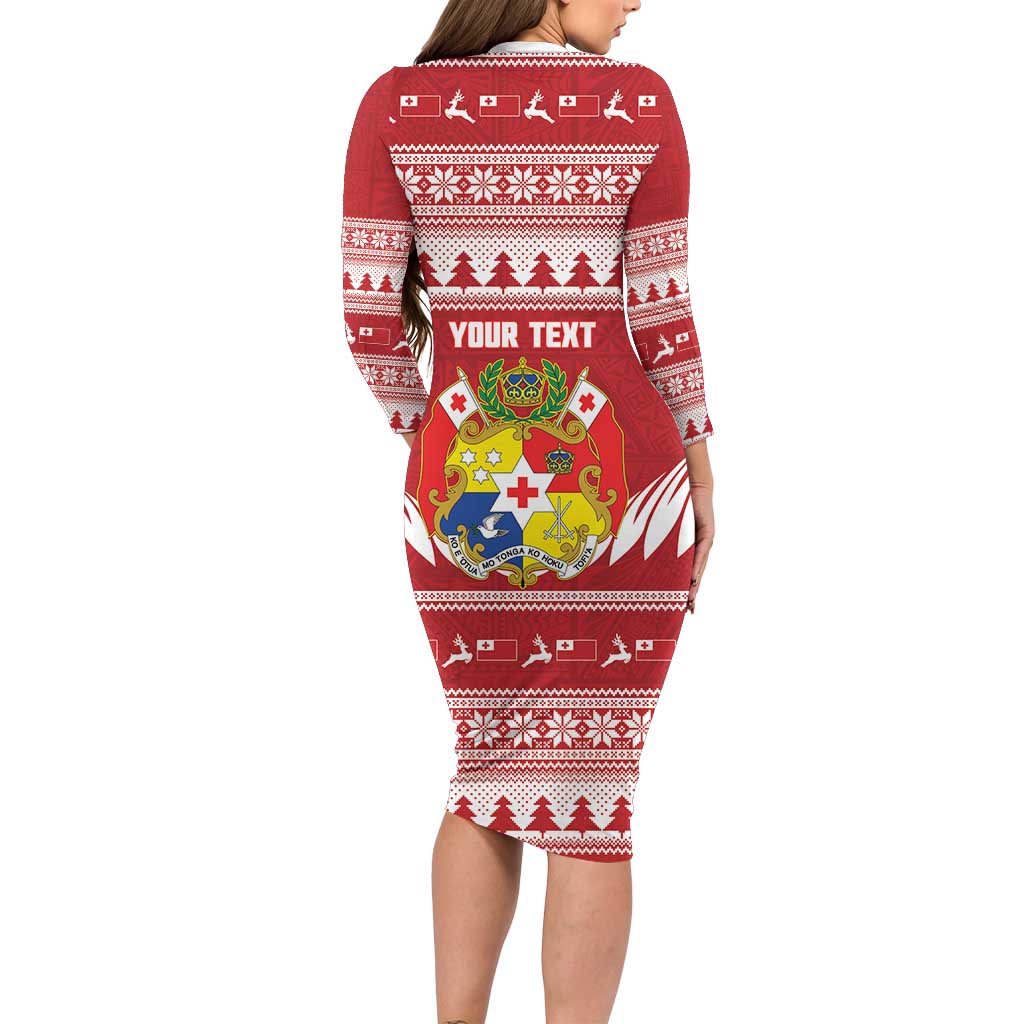 Personalised Tonga Rugby Christmas Long Sleeve Bodycon Dress Mate Maa Tonga Ngatu Pattern - Polynesian Pride