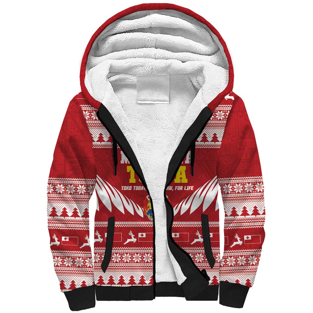 Personalised Tonga Rugby Christmas Sherpa Hoodie Mate Maa Tonga Ngatu Pattern - Polynesian Pride