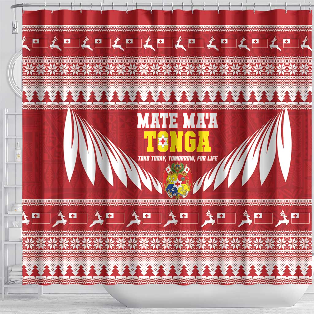 Tonga Rugby Christmas Shower Curtain Mate Maa Tonga Ngatu Pattern - Polynesian Pride