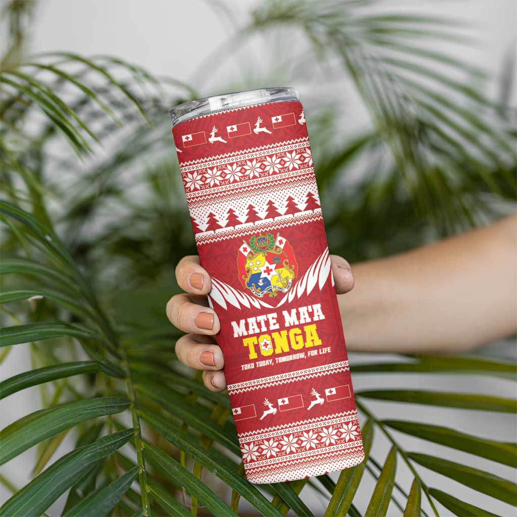 Personalised Tonga Rugby Christmas Skinny Tumbler Mate Maa Tonga Ngatu Pattern - Polynesian Pride