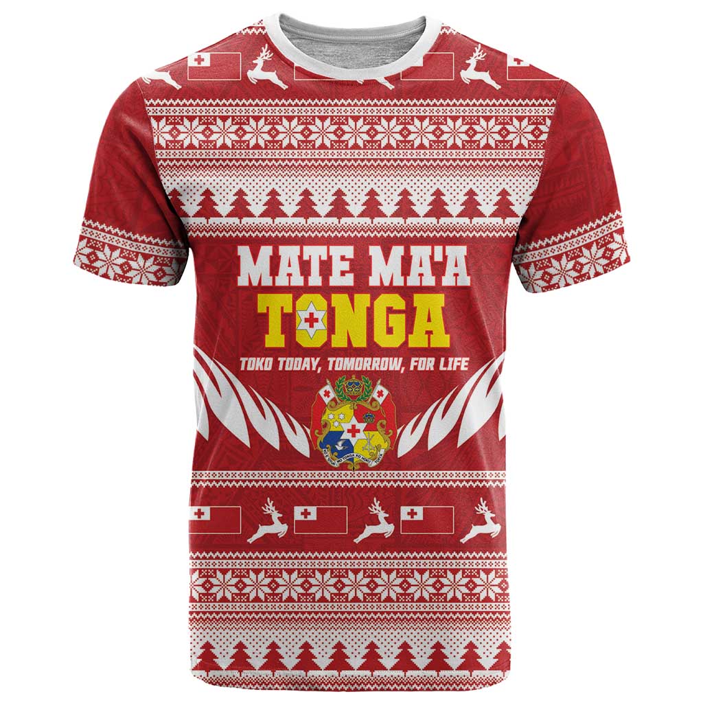 Personalised Tonga Rugby Christmas T Shirt Mate Maa Tonga Ngatu Pattern - Polynesian Pride