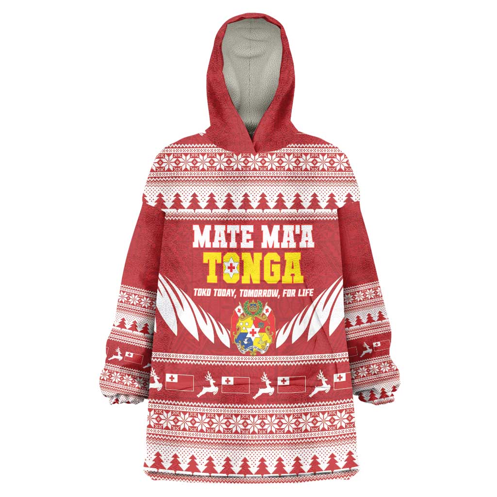 Personalised Tonga Rugby Christmas Wearable Blanket Hoodie Mate Maa Tonga Ngatu Pattern - Polynesian Pride
