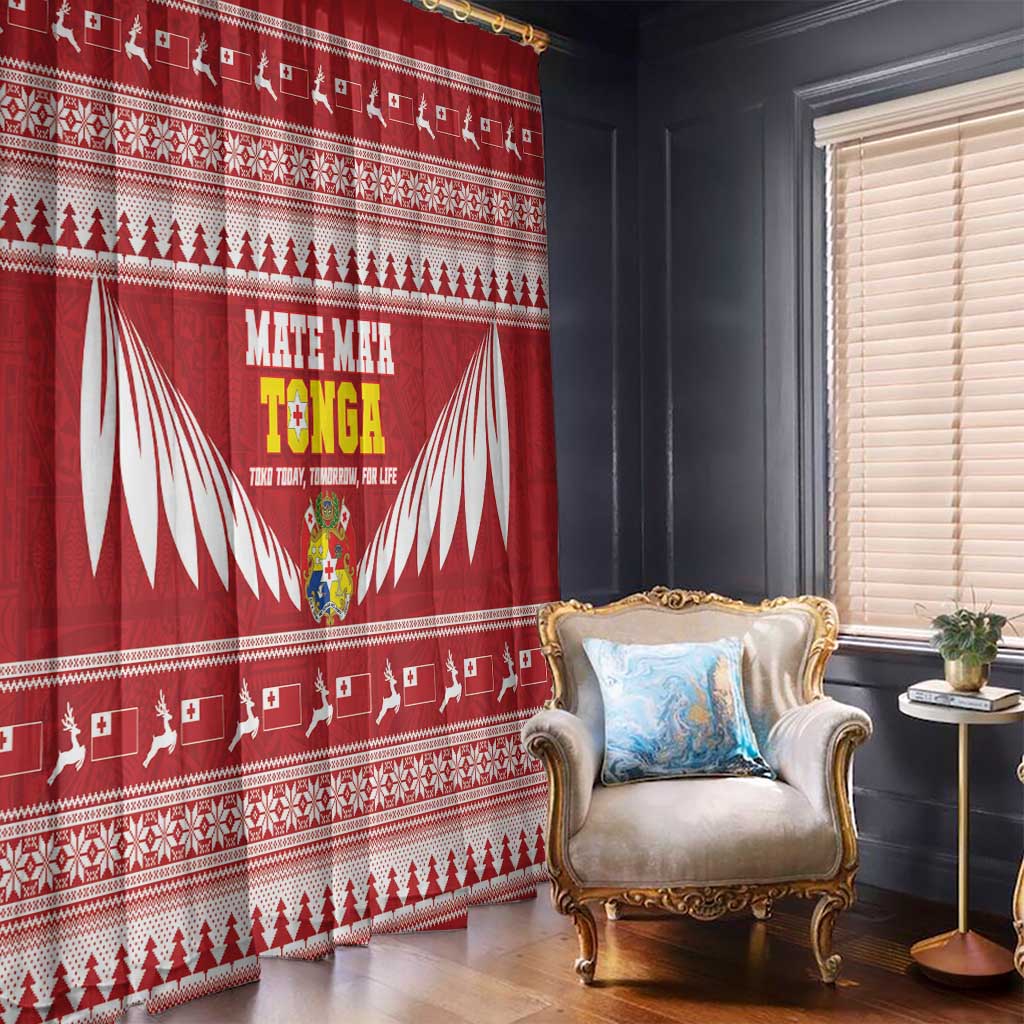 Tonga Rugby Christmas Window Curtain Mate Maa Tonga Ngatu Pattern - Polynesian Pride