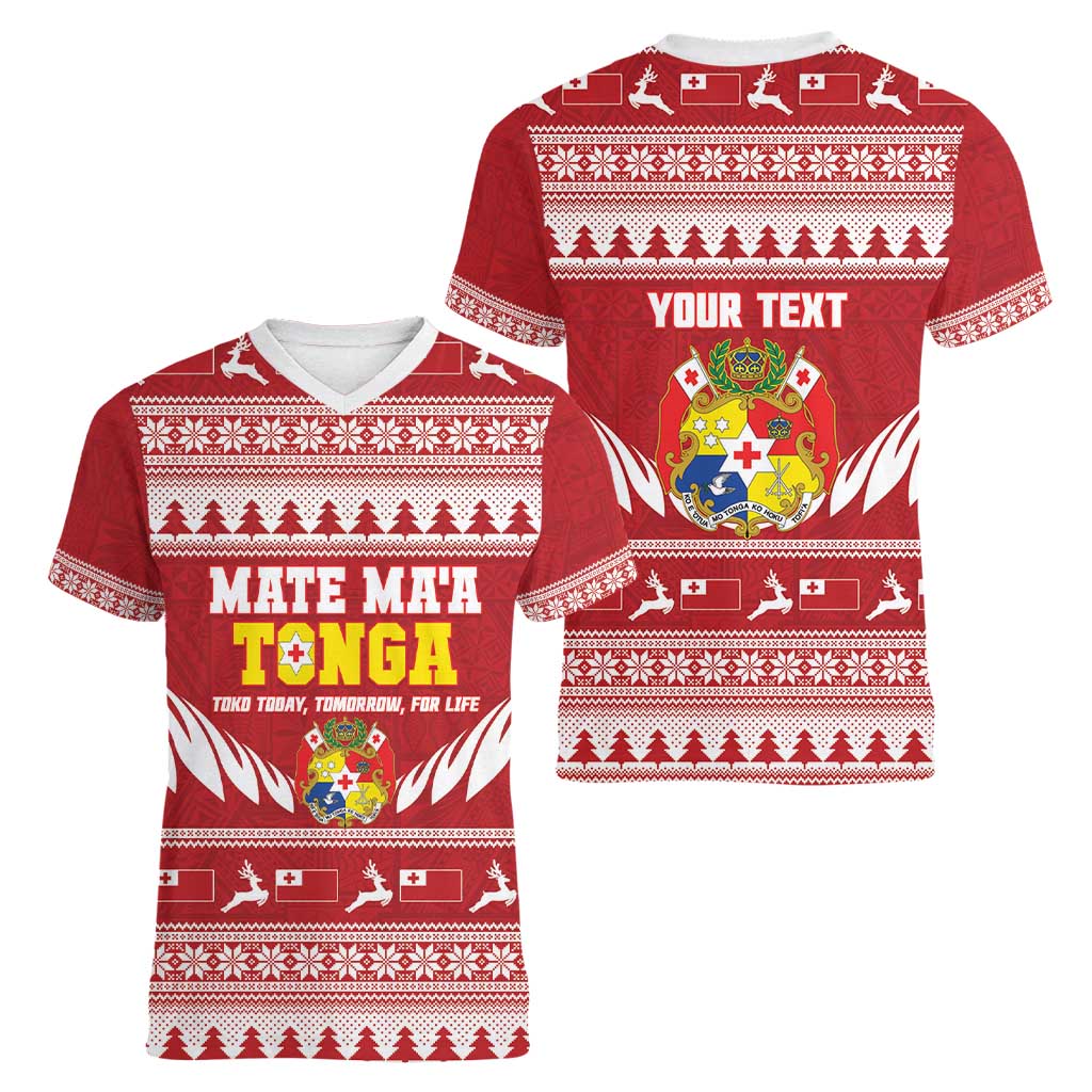 Personalised Tonga Rugby Christmas Women V-Neck T-Shirt Mate Maa Tonga Ngatu Pattern - Polynesian Pride