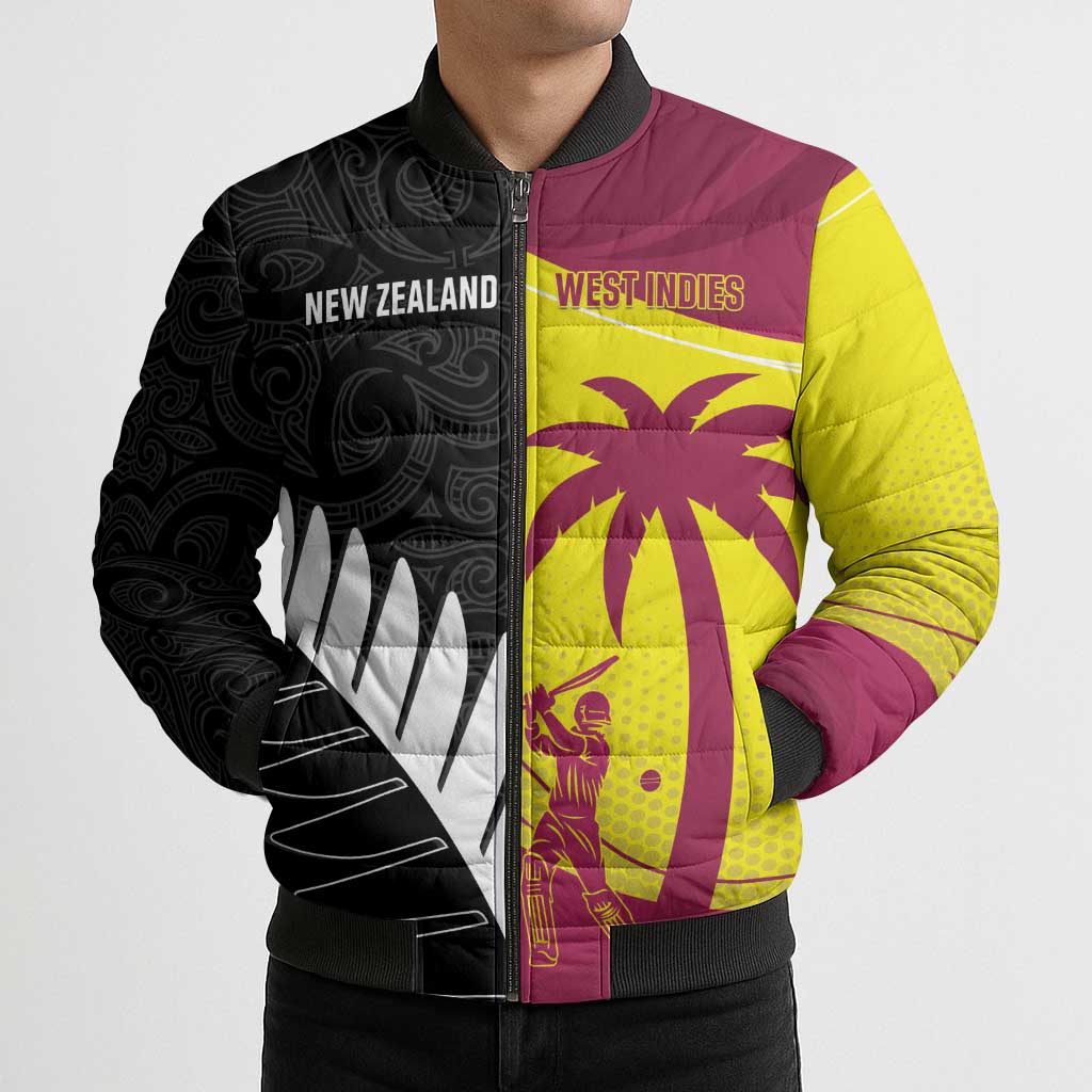 New Zealand and West Indies Cricket Custom Bomber Puffer Jacket Black Cap Windies Together - Polynesian Pride