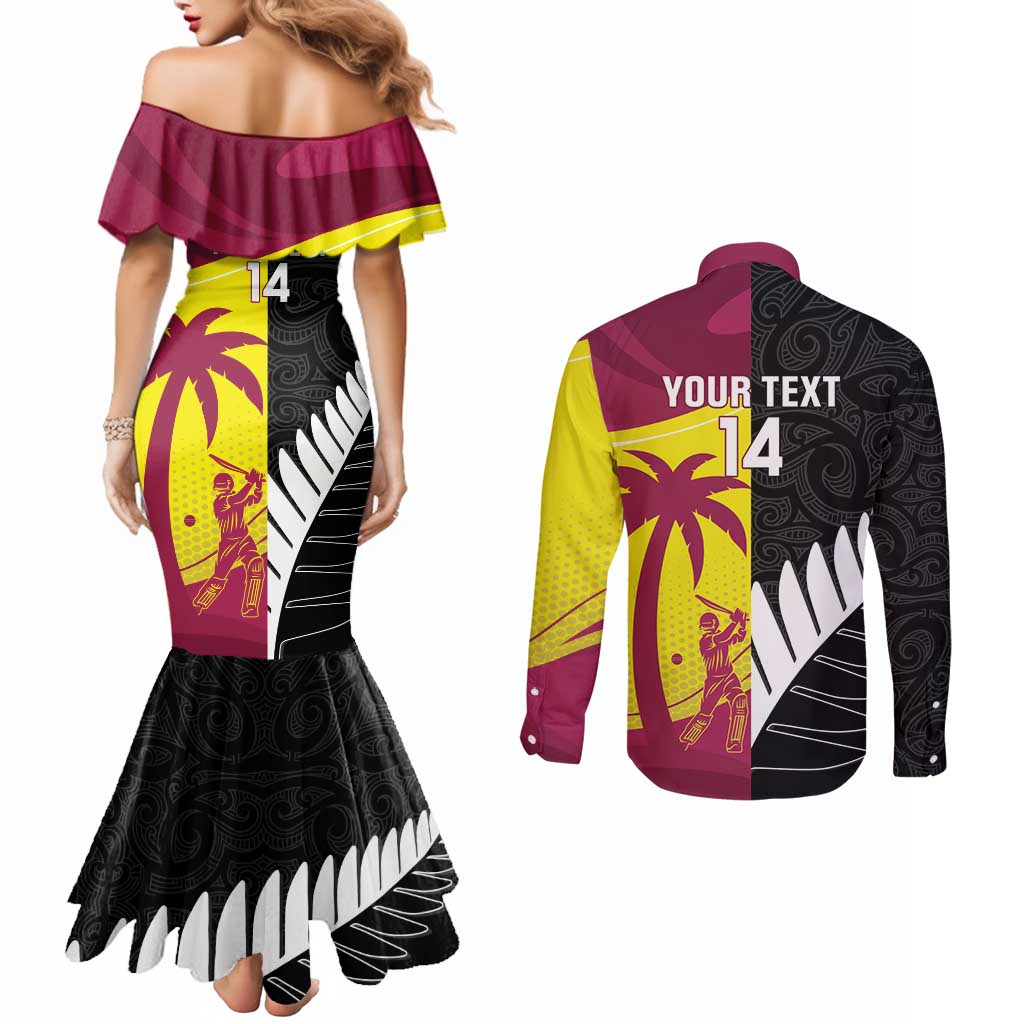 New Zealand and West Indies Cricket Custom Couples Matching Mermaid Dress and Long Sleeve Button Shirt Black Cap Windies Together - Polynesian Pride