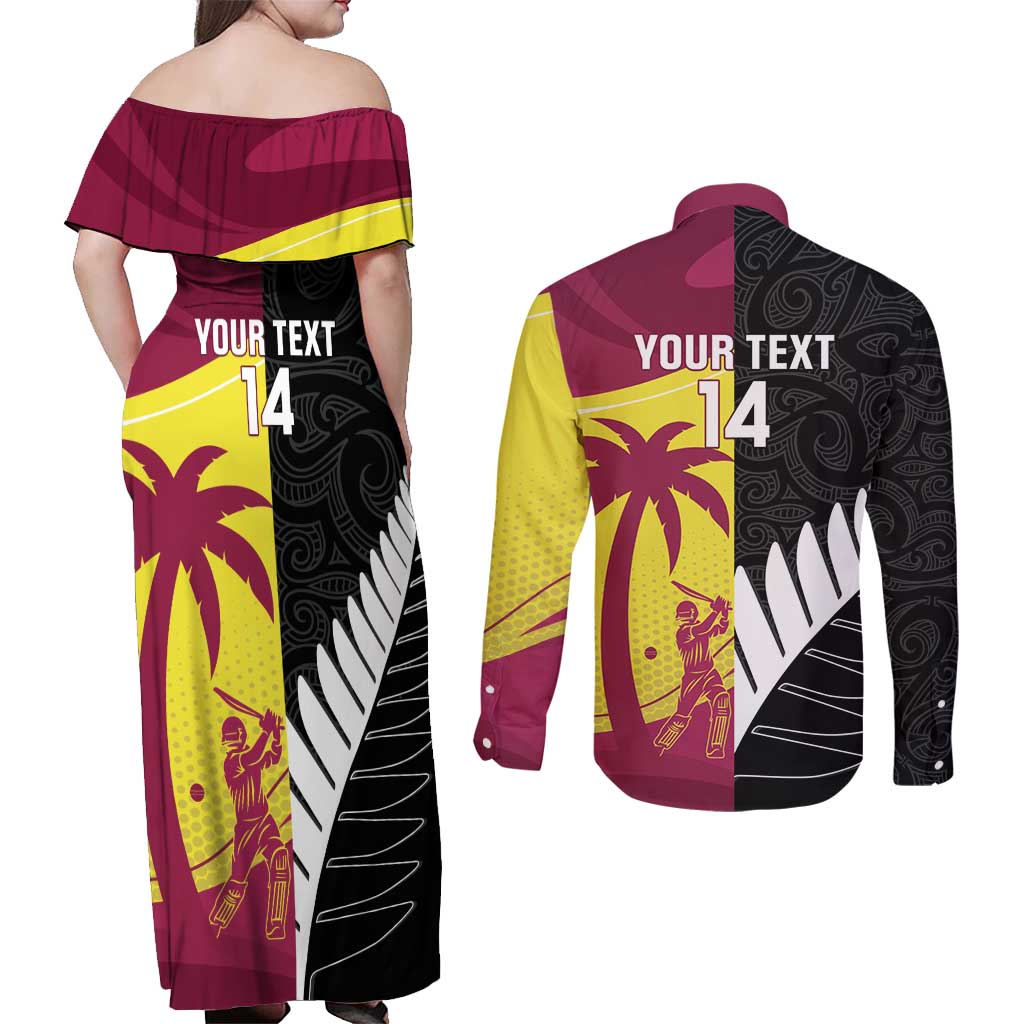 New Zealand and West Indies Cricket Custom Couples Matching Off Shoulder Maxi Dress and Long Sleeve Button Shirt Black Cap Windies Together - Polynesian Pride