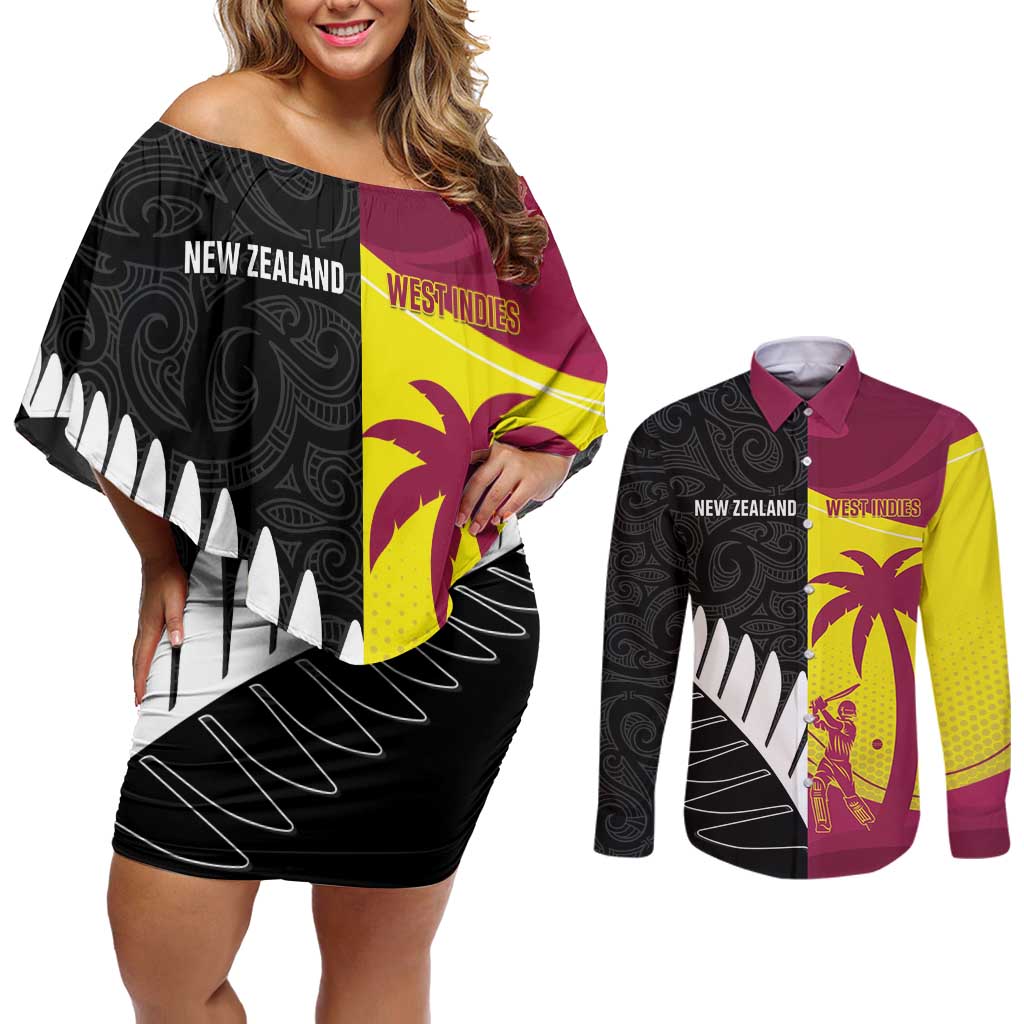 New Zealand and West Indies Cricket Custom Couples Matching Off Shoulder Short Dress and Long Sleeve Button Shirt Black Cap Windies Together - Polynesian Pride