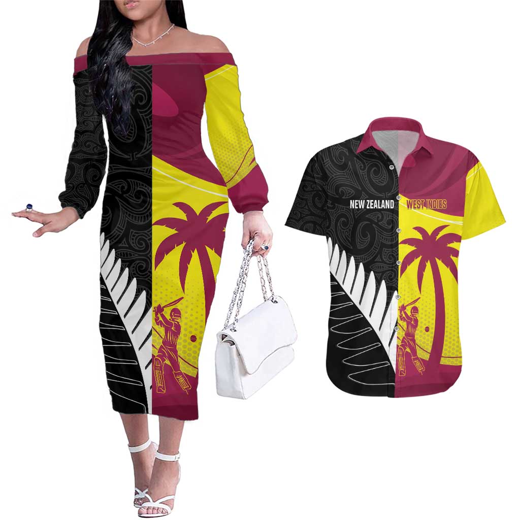 New Zealand and West Indies Cricket Custom Couples Matching Off The Shoulder Long Sleeve Dress and Hawaiian Shirt Black Cap Windies Together - Polynesian Pride