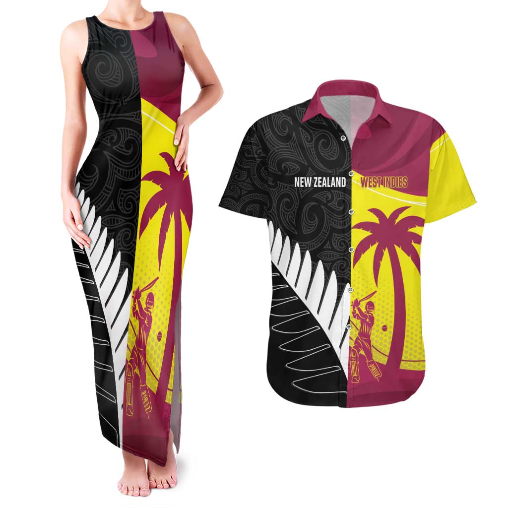 New Zealand and West Indies Cricket Custom Couples Matching Tank Maxi Dress and Hawaiian Shirt Black Cap Windies Together - Polynesian Pride