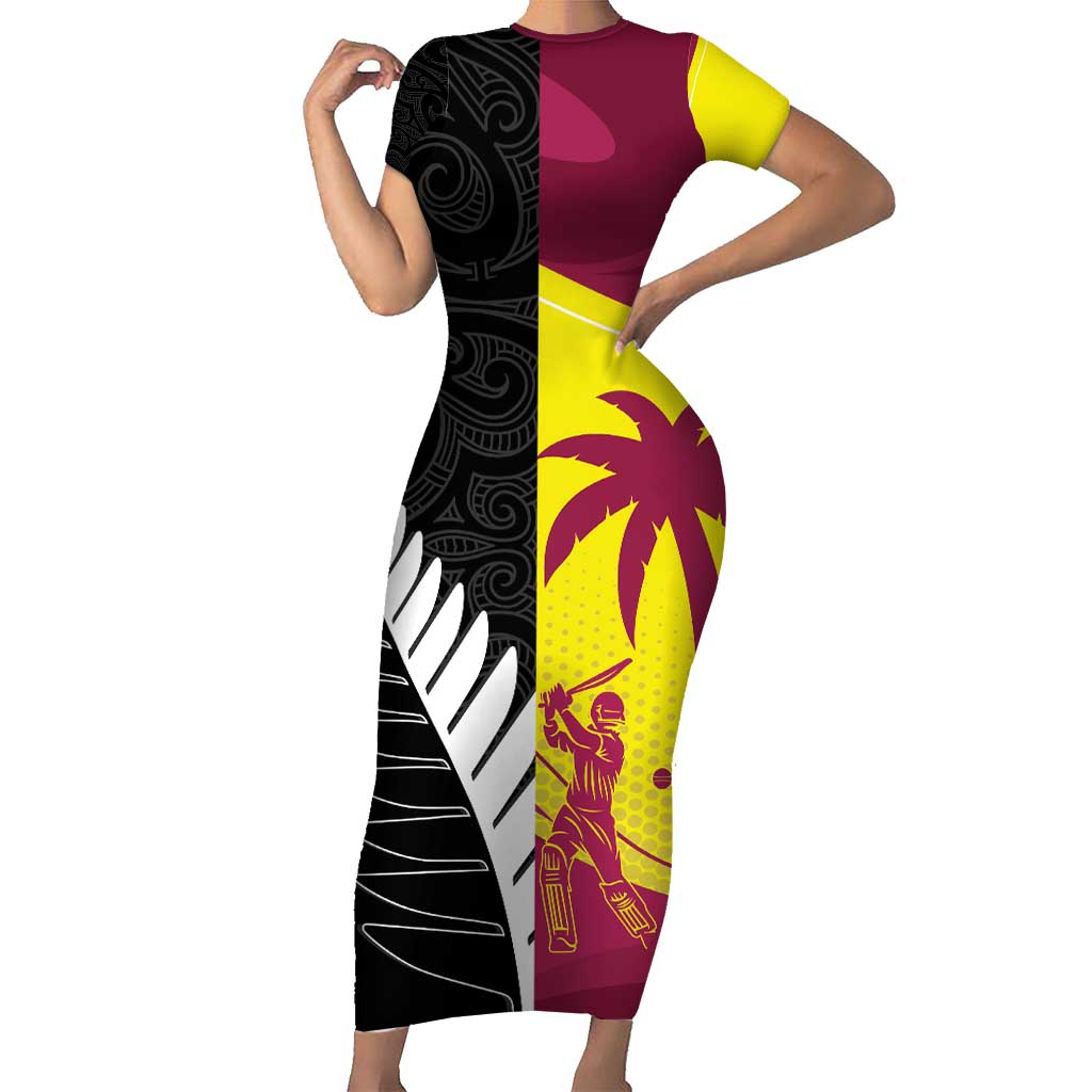 New Zealand and West Indies Cricket Custom Family Matching Short Sleeve Bodycon Dress and Hawaiian Shirt Black Cap Windies Together - Polynesian Pride