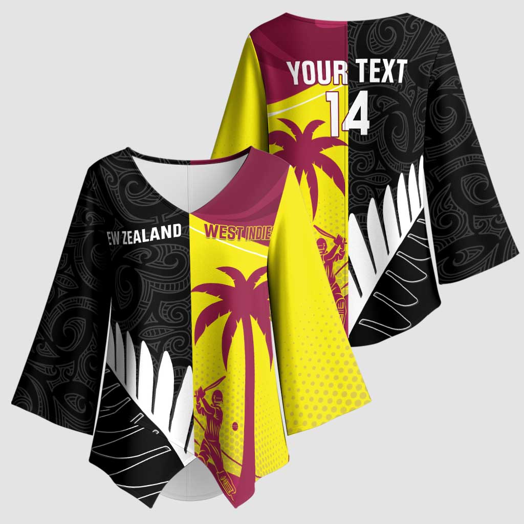 New Zealand and West Indies Cricket Custom Kimono Sleeve Blouse Black Cap Windies Together - Polynesian Pride
