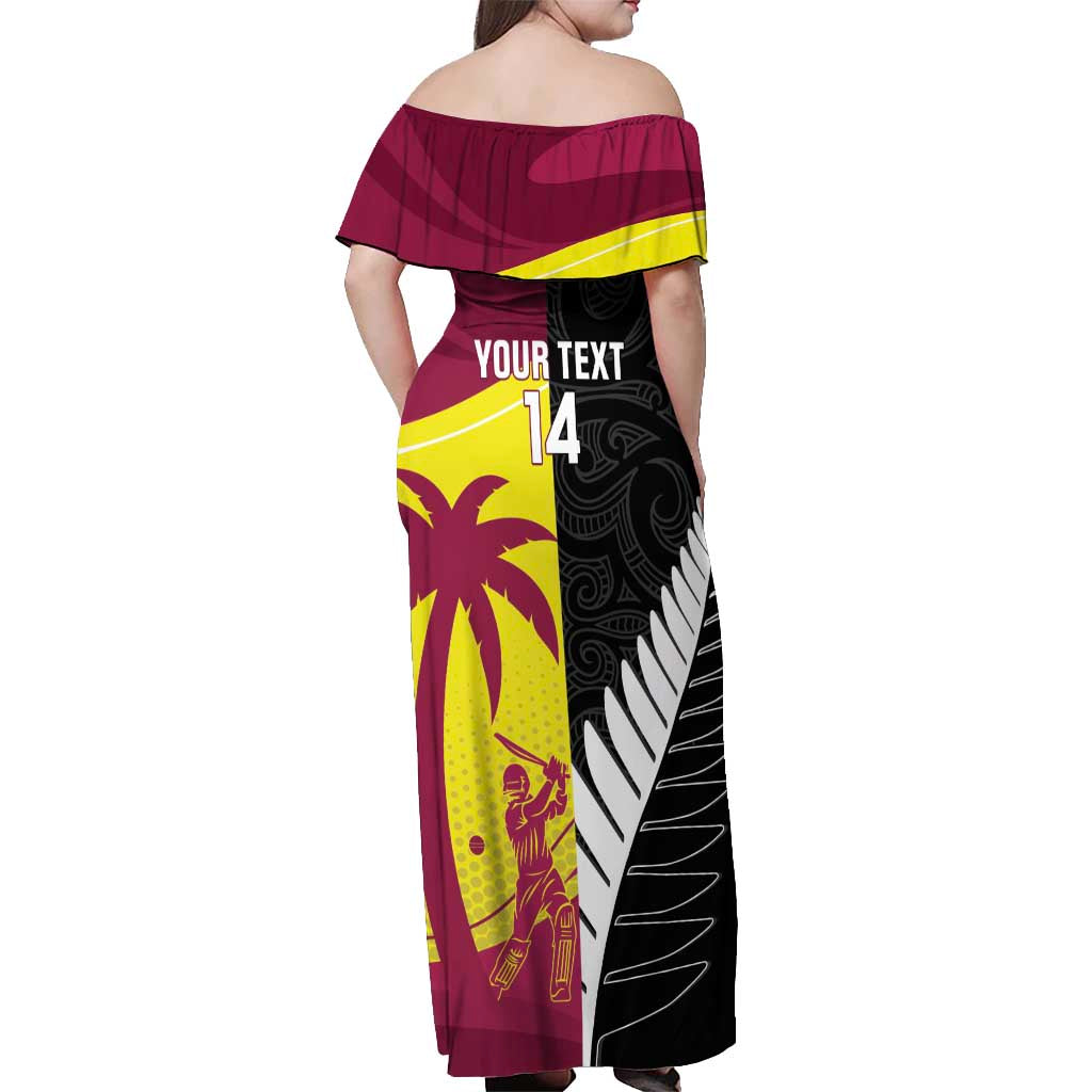 New Zealand and West Indies Cricket Custom Off Shoulder Maxi Dress Black Cap Windies Together - Polynesian Pride