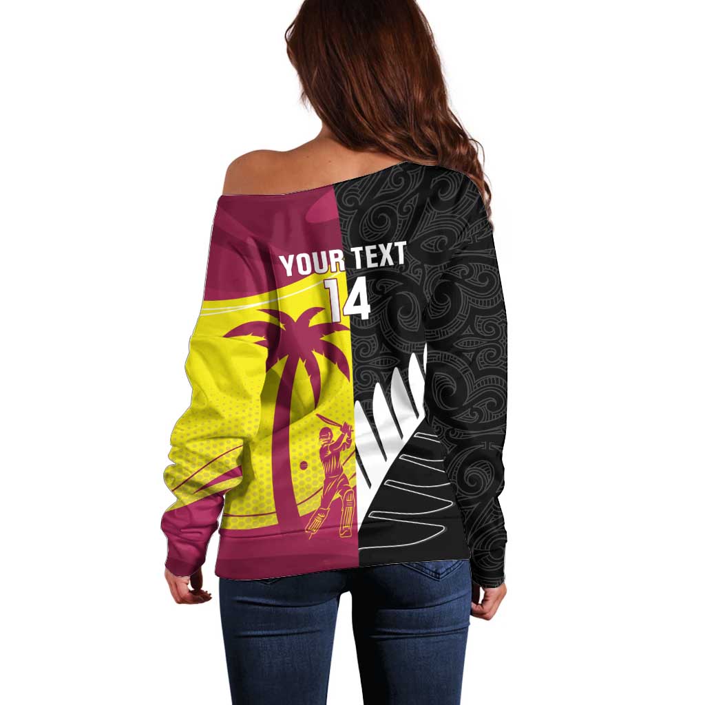 New Zealand and West Indies Cricket Custom Off Shoulder Sweater Black Cap Windies Together - Polynesian Pride