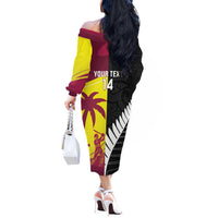 New Zealand and West Indies Cricket Custom Off The Shoulder Long Sleeve Dress Black Cap Windies Together - Polynesian Pride
