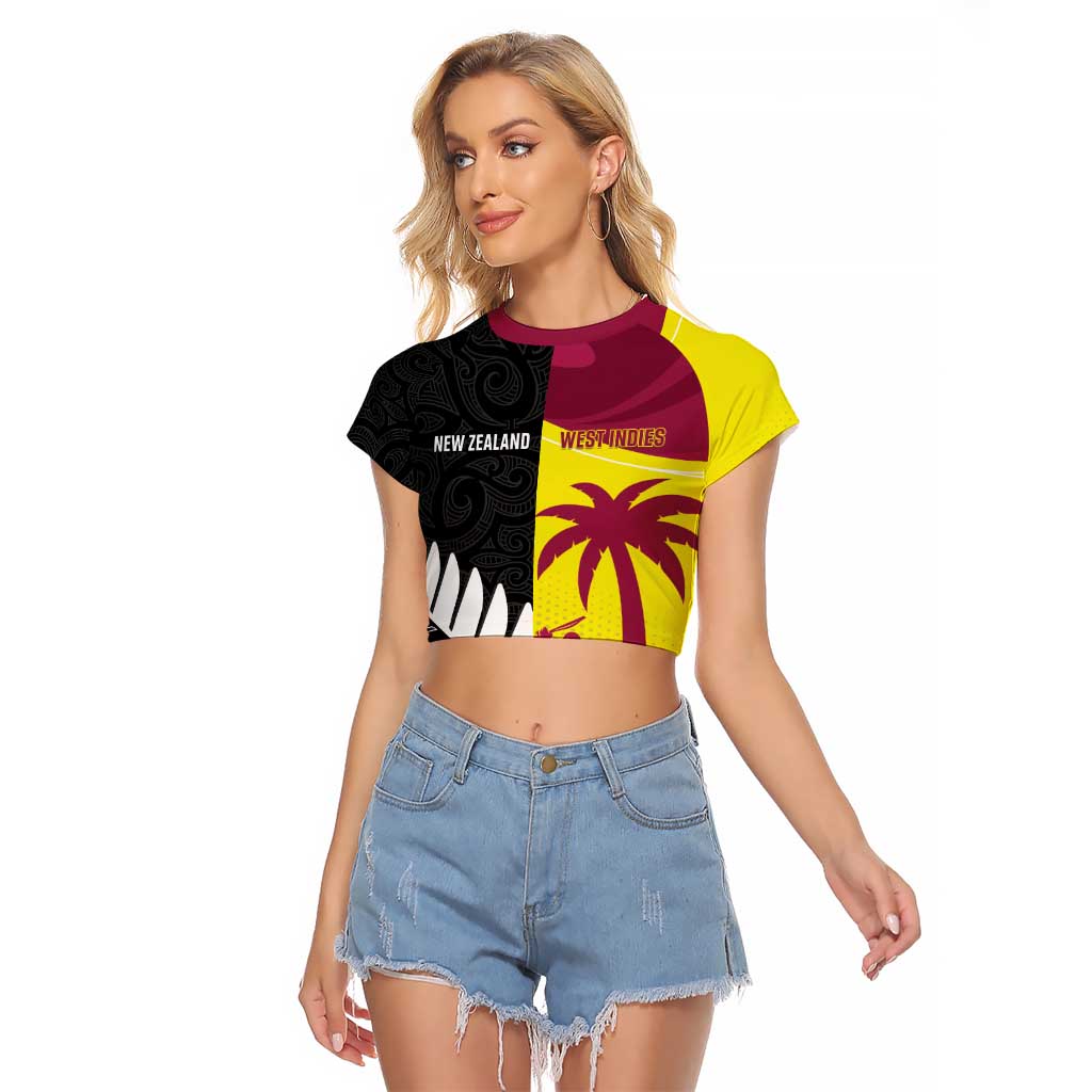 New Zealand and West Indies Cricket Custom Raglan Cropped T Shirt Black Cap Windies Together - Polynesian Pride