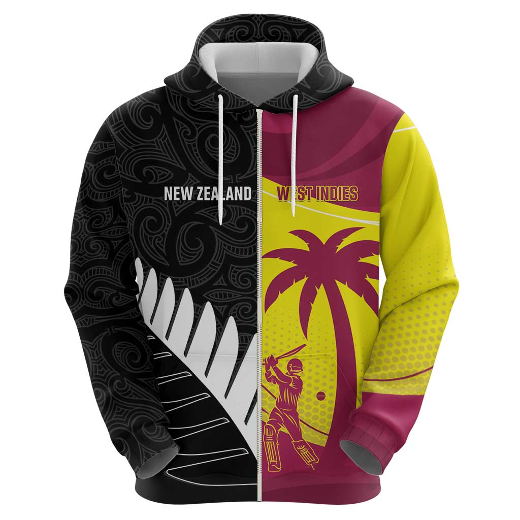 New Zealand and West Indies Cricket Custom Zip Hoodie Black Cap Windies Together - Polynesian Pride