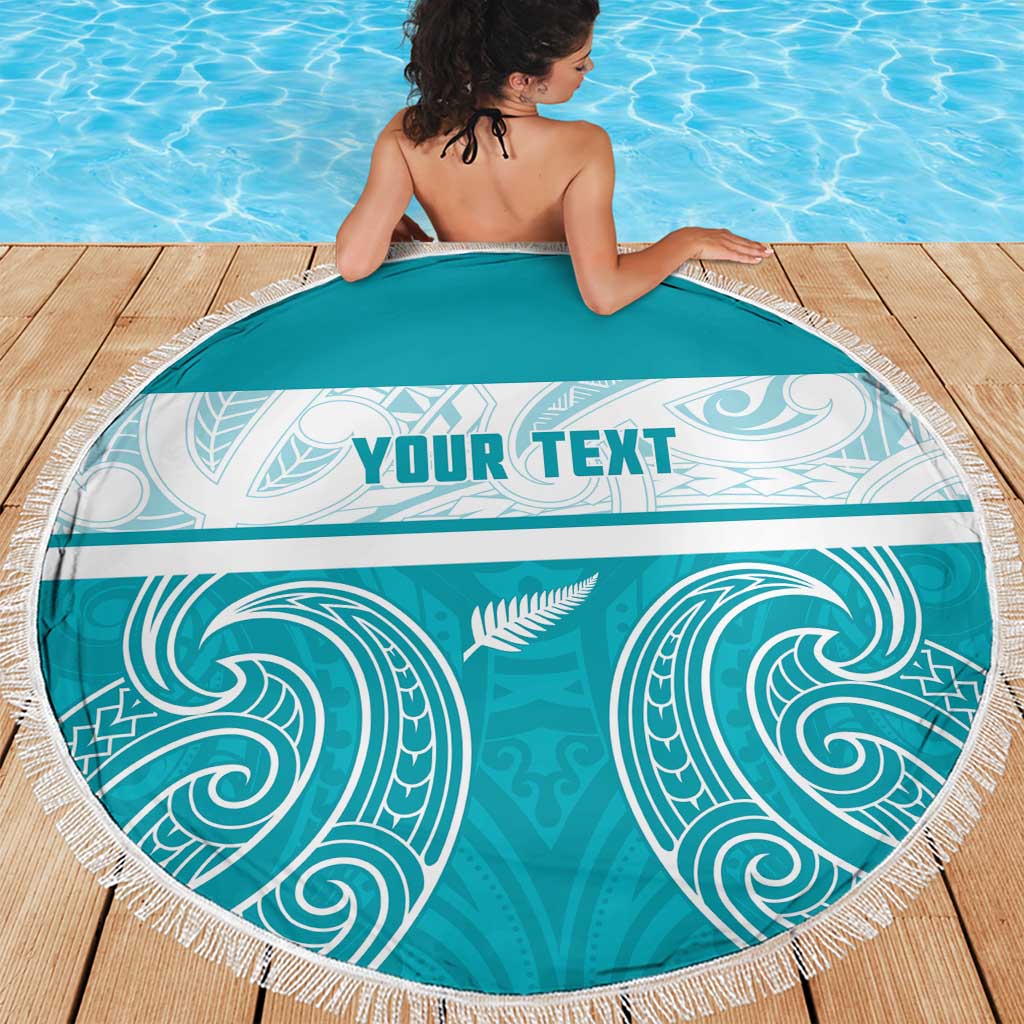 New Zealand Silver Fern Cricket Custom Beach Blanket Black Cap Teal Maori Pattern - Polynesian Pride