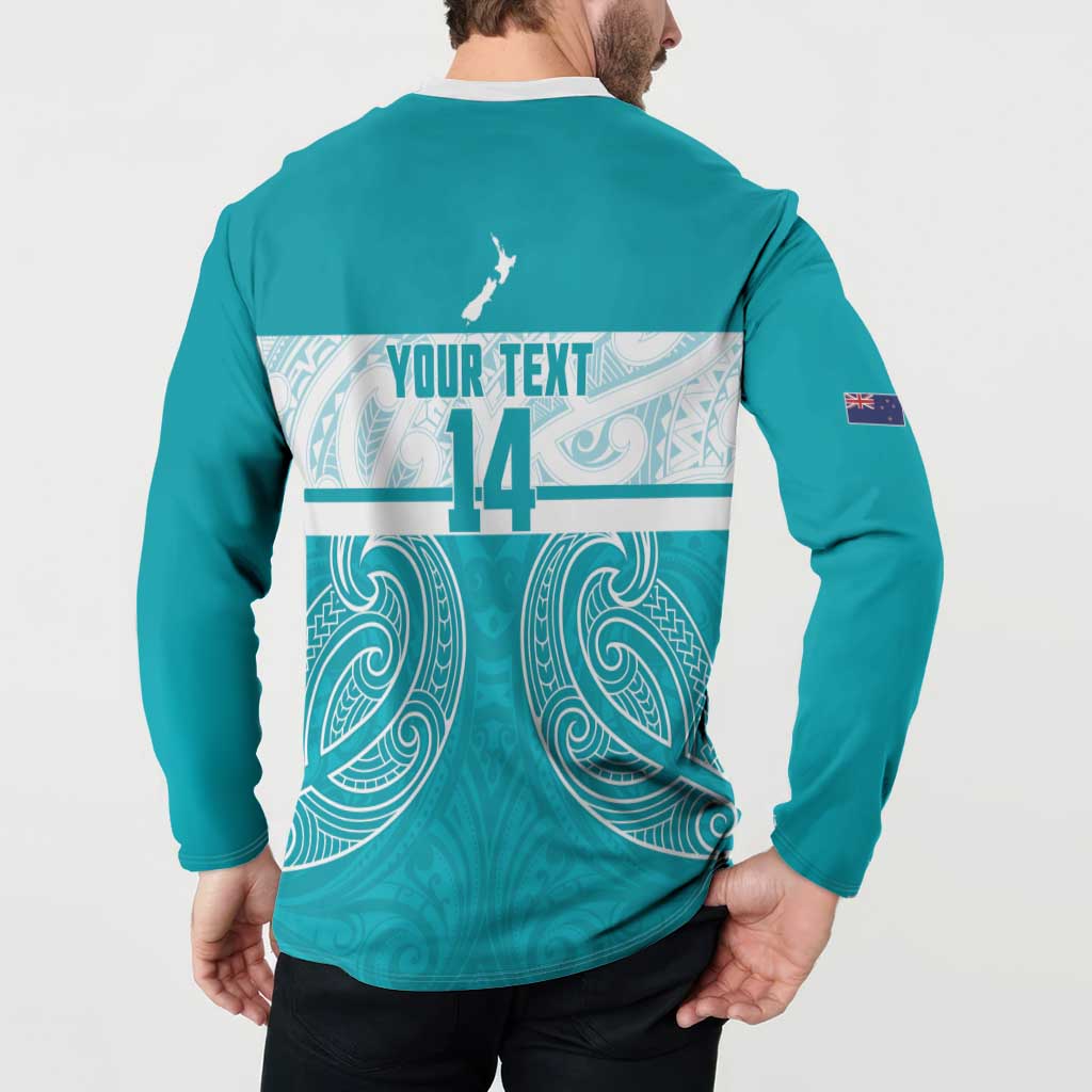 New Zealand Silver Fern Cricket Custom Button Sweatshirt Black Cap Teal Maori Pattern - Polynesian Pride