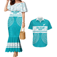 New Zealand Silver Fern Cricket Custom Couples Matching Mermaid Dress and Hawaiian Shirt Black Cap Teal Maori Pattern - Polynesian Pride