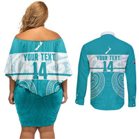 New Zealand Silver Fern Cricket Custom Couples Matching Off Shoulder Short Dress and Long Sleeve Button Shirt Black Cap Teal Maori Pattern - Polynesian Pride