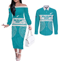 New Zealand Silver Fern Cricket Custom Couples Matching Off The Shoulder Long Sleeve Dress and Long Sleeve Button Shirt Black Cap Teal Maori Pattern - Polynesian Pride
