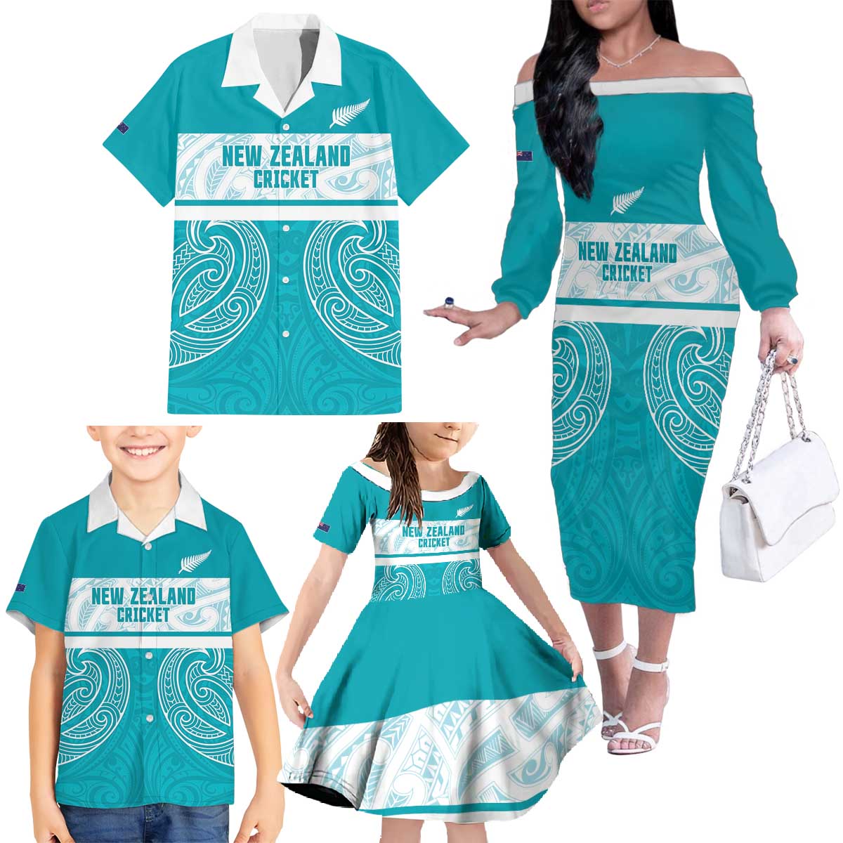 New Zealand Silver Fern Cricket Custom Family Matching Off The Shoulder Long Sleeve Dress and Hawaiian Shirt Black Cap Teal Maori Pattern - Polynesian Pride