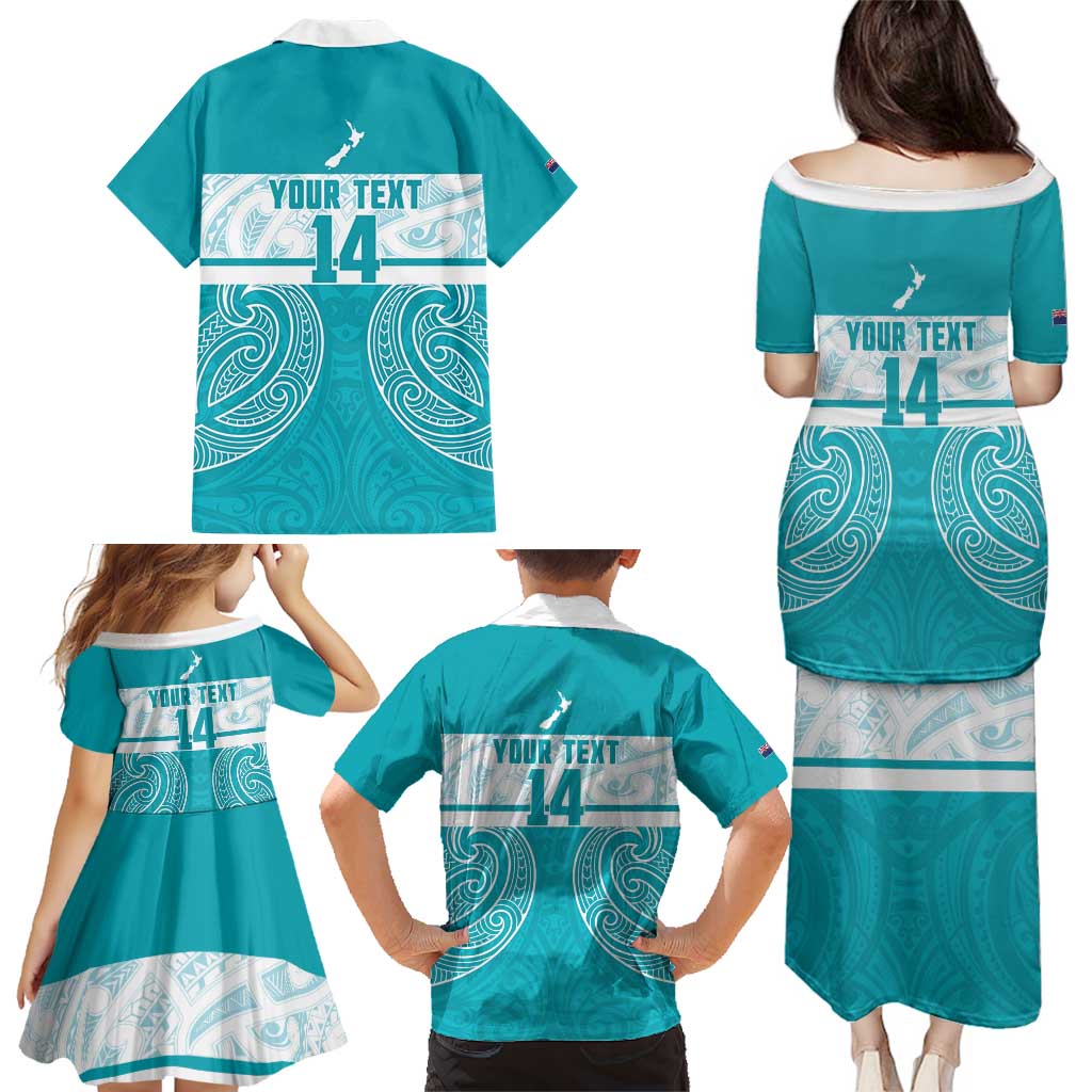 New Zealand Silver Fern Cricket Custom Family Matching Puletasi and Hawaiian Shirt Black Cap Teal Maori Pattern - Polynesian Pride