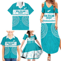 New Zealand Silver Fern Cricket Custom Family Matching Summer Maxi Dress and Hawaiian Shirt Black Cap Teal Maori Pattern - Polynesian Pride