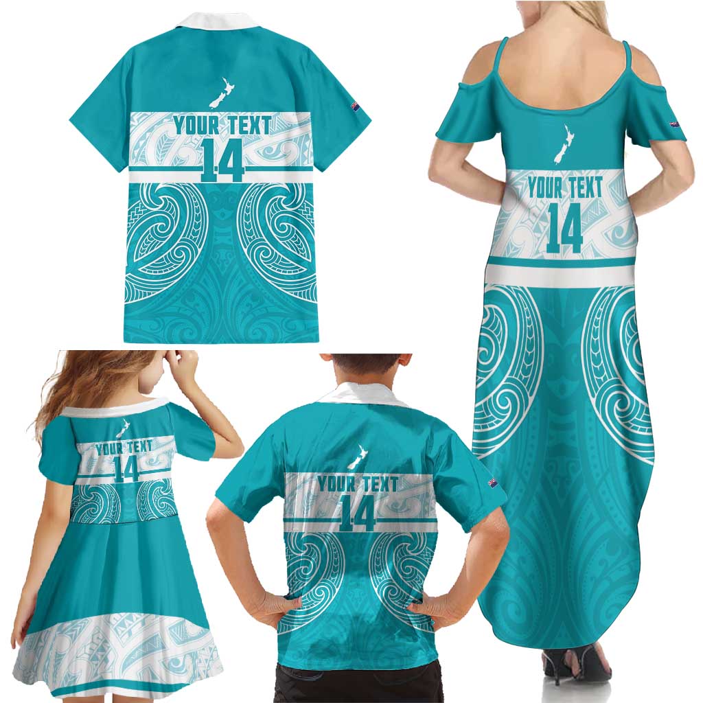 New Zealand Silver Fern Cricket Custom Family Matching Summer Maxi Dress and Hawaiian Shirt Black Cap Teal Maori Pattern - Polynesian Pride