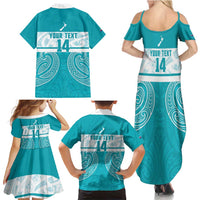 New Zealand Silver Fern Cricket Custom Family Matching Summer Maxi Dress and Hawaiian Shirt Black Cap Teal Maori Pattern - Polynesian Pride