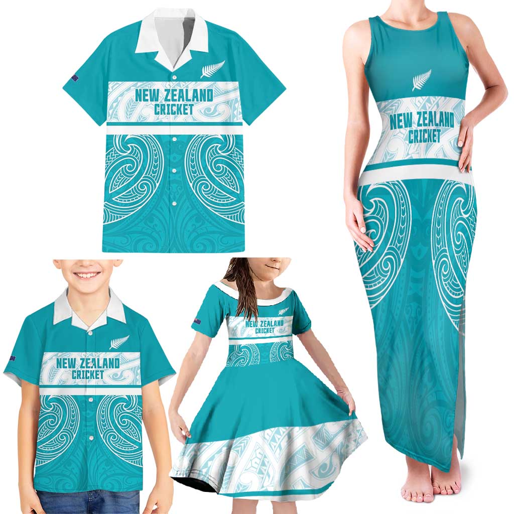 New Zealand Silver Fern Cricket Custom Family Matching Tank Maxi Dress and Hawaiian Shirt Black Cap Teal Maori Pattern - Polynesian Pride