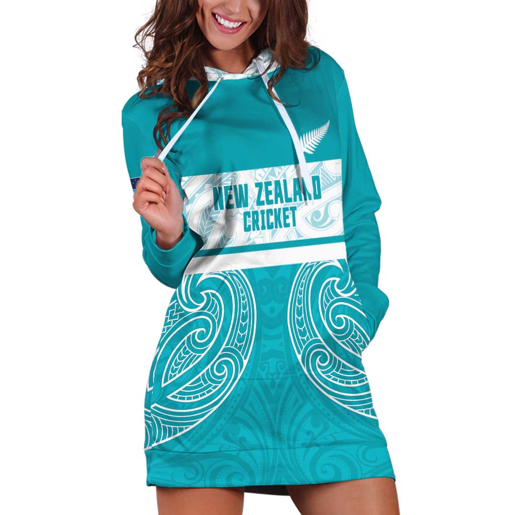 New Zealand Silver Fern Cricket Custom Hoodie Dress Black Cap Teal Maori Pattern - Polynesian Pride