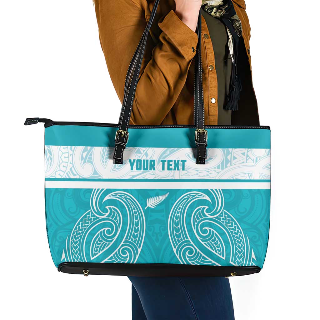 New Zealand Silver Fern Cricket Custom Leather Tote Bag Black Cap Teal Maori Pattern - Polynesian Pride