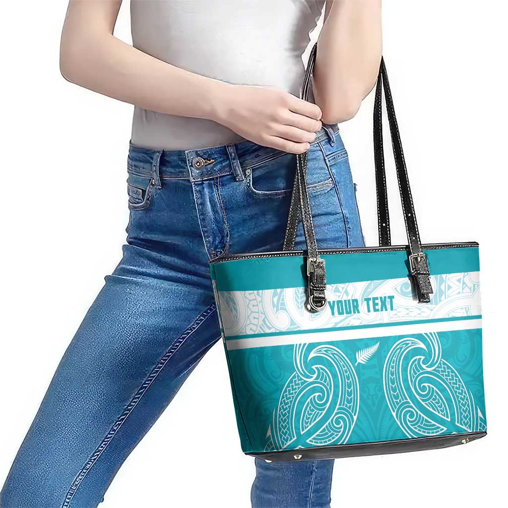 New Zealand Silver Fern Cricket Custom Leather Tote Bag Black Cap Teal Maori Pattern - Polynesian Pride
