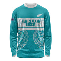 New Zealand Silver Fern Cricket Custom Long Sleeve Shirt Black Cap Teal Maori Pattern - Polynesian Pride